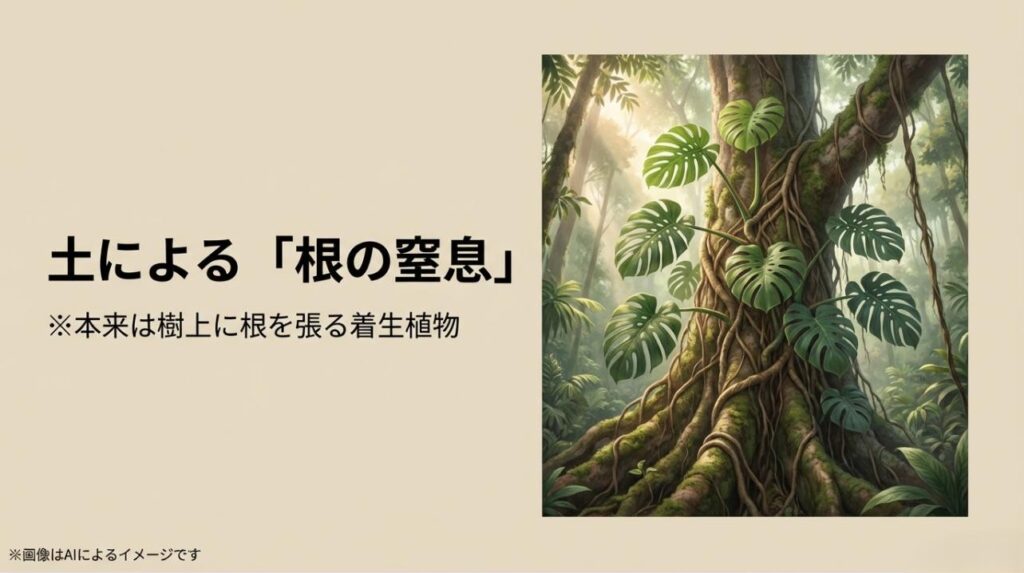 巨大な樹木に着生して育つモンステラのイラストと、一般的な土では根が窒息してしまうリスクを説明した図解
