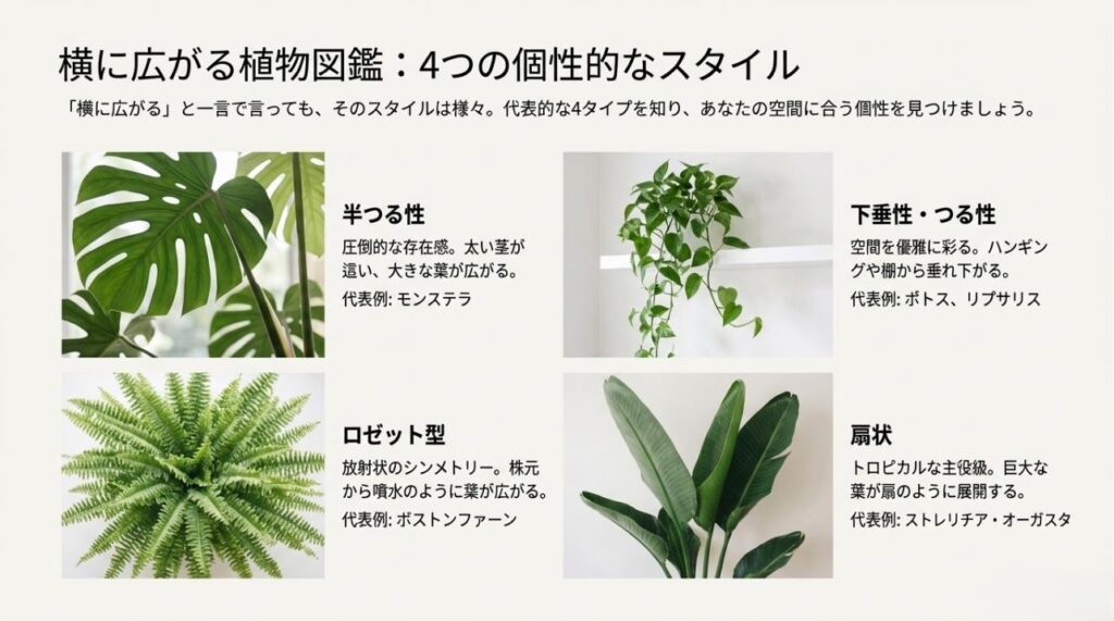 半つる性、下垂性、ロゼット型、扇状の4種類の樹形と、モンステラやポトスなど代表的な植物名をまとめた図
