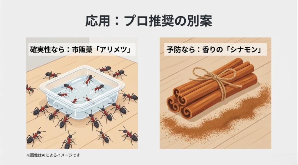 市販薬のアリメツに集まるアリと、シナモンスティックのイラスト。用途に合わせた代替手段を紹介するスライド