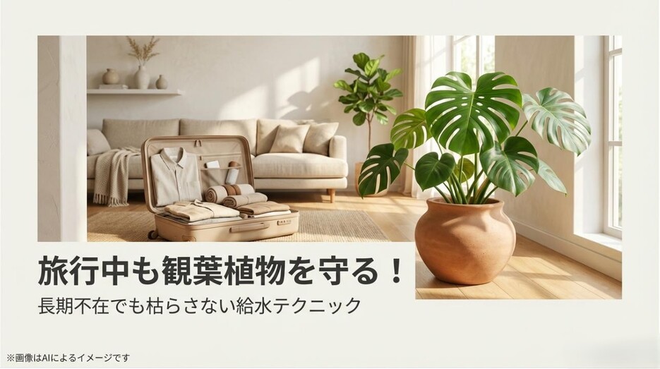 リビングに置かれたモンステラと旅行用スーツケースのイラストに「長期不在でも枯らさない給水テクニック」の文字が入ったアイキャッチ画像