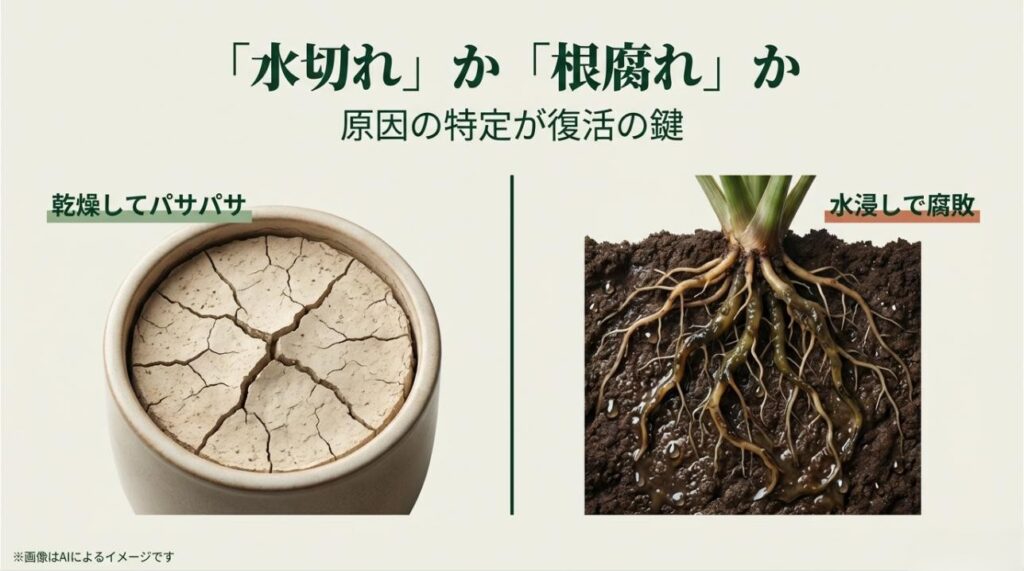 パサパサに乾燥した土と、水浸しで腐敗した根を並べ、原因の特定が重要であることを示す比較画像。