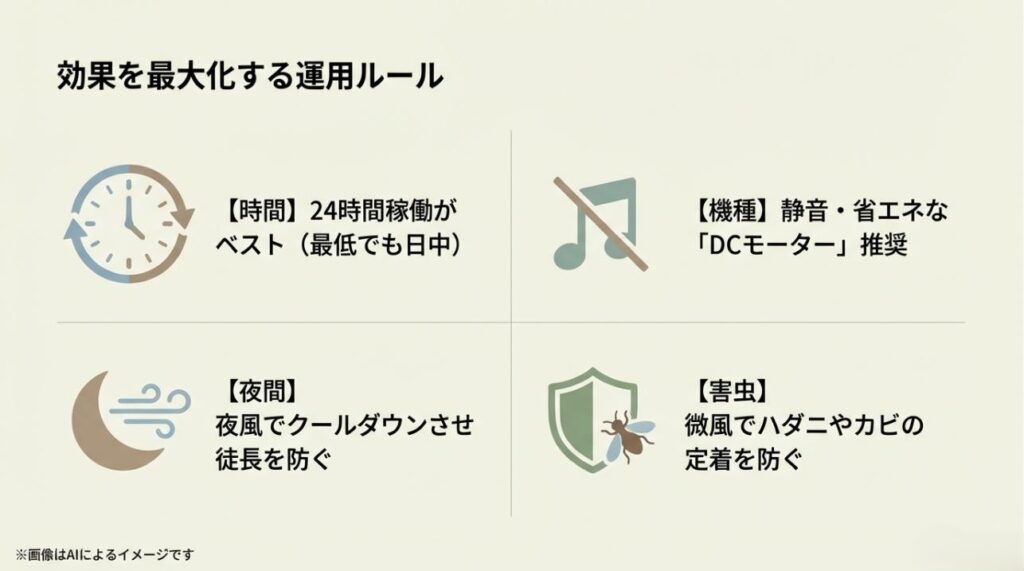 24時間稼働、静音・省エネなDCモーターの選択、夜間の冷却、病害虫予防をまとめた運用ガイド