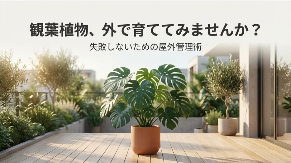 ウッドデッキに置かれた元気なモンステラの写真と、失敗しないための屋外管理術というタイトルのアイキャッチ画像