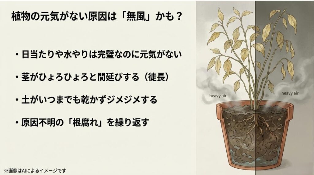 風がない環境で土が乾かず根腐れを起こした様子と、光を求めて茎がひょろひょろに伸びる徒長現象の図解