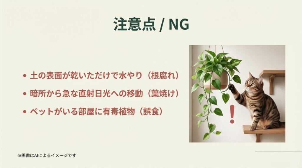 根腐れ、葉焼け、ペットの誤食リスクなど、初心者が注意すべきNGポイントを猫のイラストと共に紹介