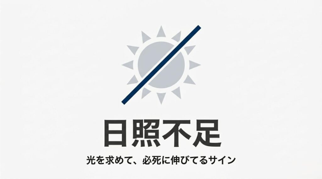 太陽に斜線が引かれたアイコンと、植物が光を求めて必死に伸びている状態（徒長）の解説図