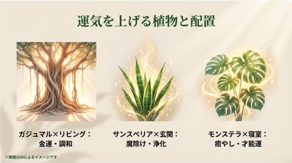 ガジュマル（リビング）、サンスベリア（玄関）、モンステラ（寝室）の風水効果をまとめたスライド。