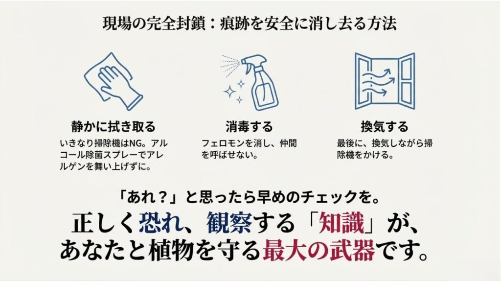 アレルゲンを舞い上げないよう静かに拭き取り、アルコール消毒をしてから換気を行う、正しい掃除手順のイラスト