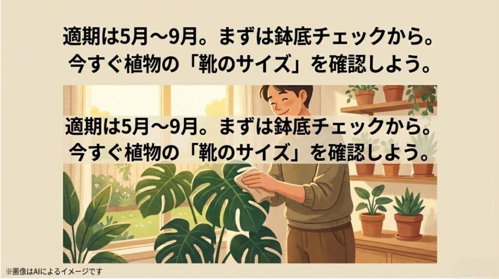 窓際で植物の手入れをする様子と、5月から9月が適期であることを伝えるメッセージ