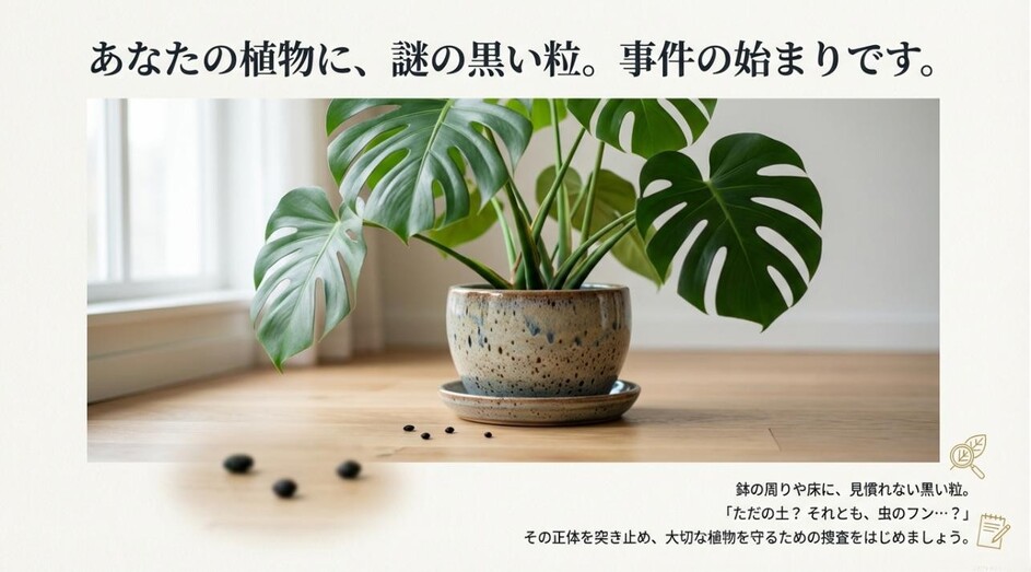 モンステラの鉢の周りに散乱した謎の黒い粒の写真と、事件の始まりを予感させるタイトルスライド