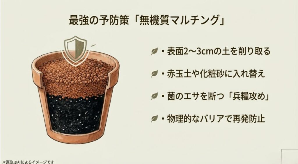 鉢の表面2~3cmを赤玉土などの無機質な土に入れ替え、菌の発生を物理的にブロックする仕組みの図解