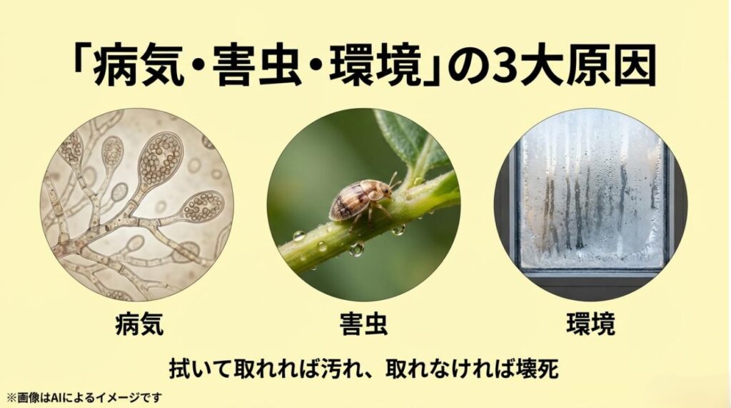 カビ、害虫、窓の結露（環境）の顕微鏡写真やイメージ。拭いて取れるかどうかで汚れか壊死かを判断する解説図