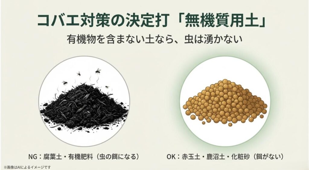 虫の餌になる腐葉土（NG）と、餌がない赤玉土や鹿沼土（OK）の比較イメージ