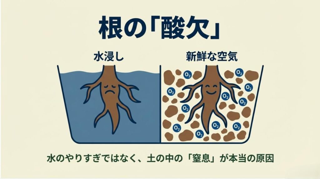 水浸しで苦しむ根のイラストと、新鮮な空気(酸素)があって喜んでいる根のイラストの比較図