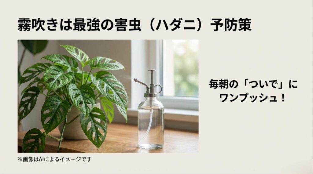 窓際で霧吹きをする様子と共に、毎朝の習慣が害虫予防に繋がることを伝えるポジティブなメッセージスライド