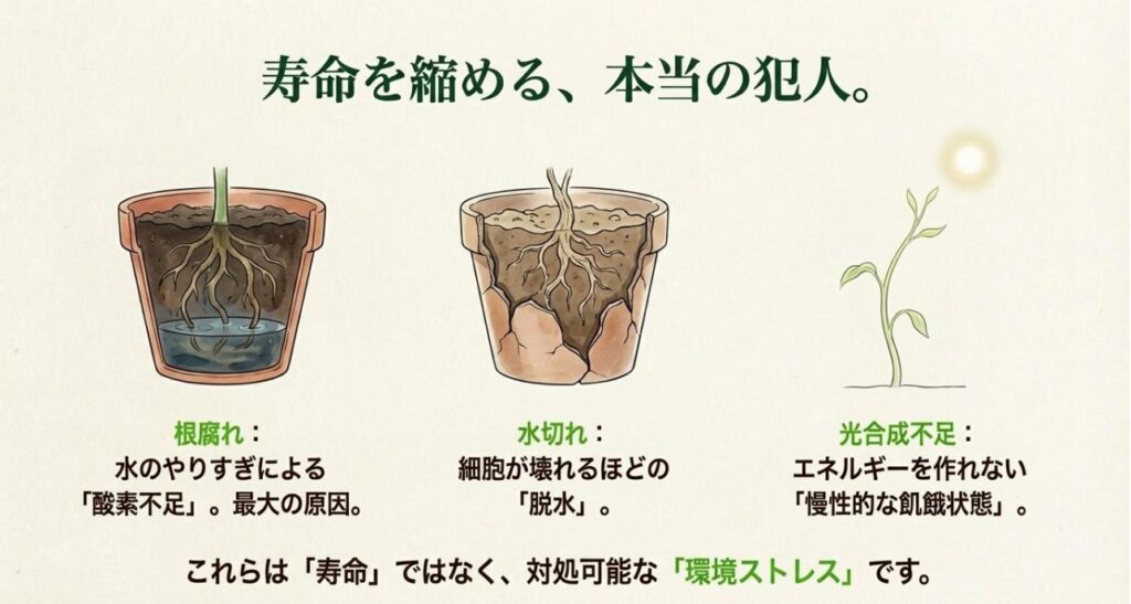 根腐れによる酸素不足、水切れによる脱水、光合成不足によるエネルギー不足という3大環境ストレスのメカニズム図