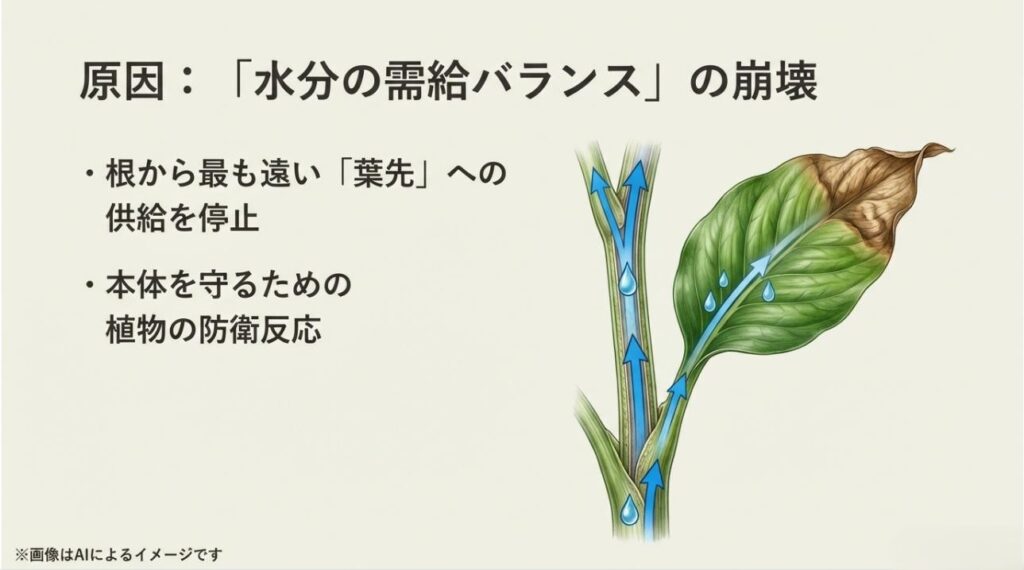 根から遠い葉先への水分供給を停止し、本体を守るための植物の防衛反応を説明するイラスト