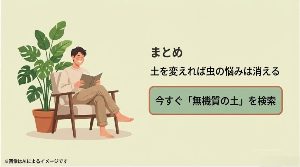 土を変えれば虫の悩みは消えるというメッセージと、「無機質の土」での検索を促すまとめのスライド