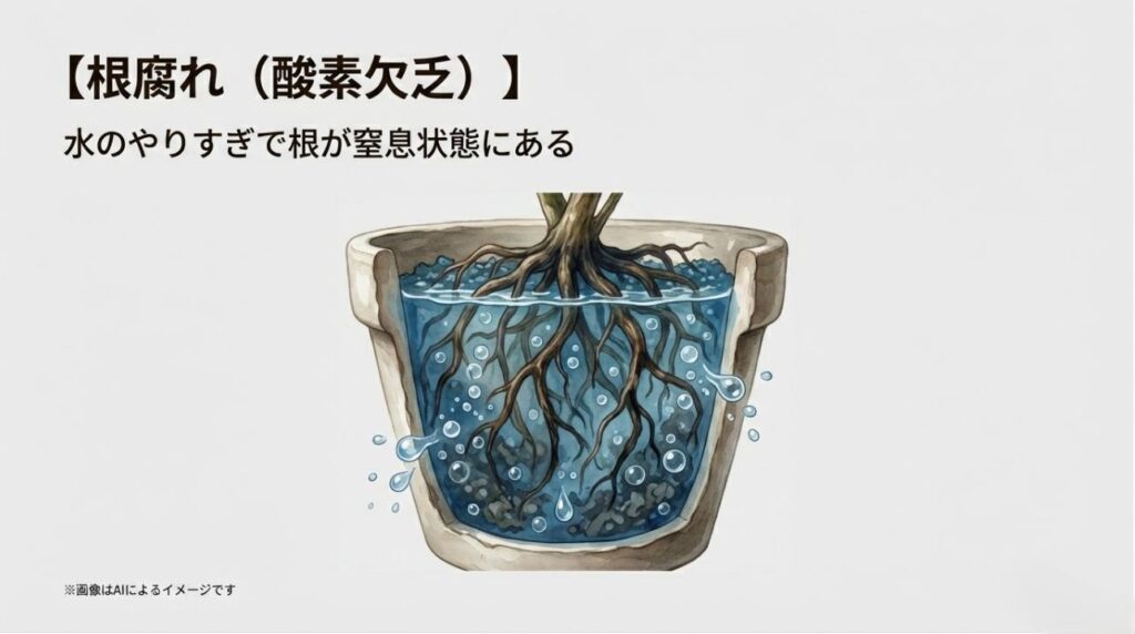 鉢の中に水が溜まり、根が酸素不足で苦しんでいる様子を可視化したメカニズム図