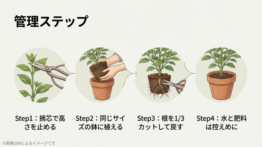 摘芯、同じサイズの鉢への植え替え、根のカット、水・肥料の調整という4段階のステップ図解