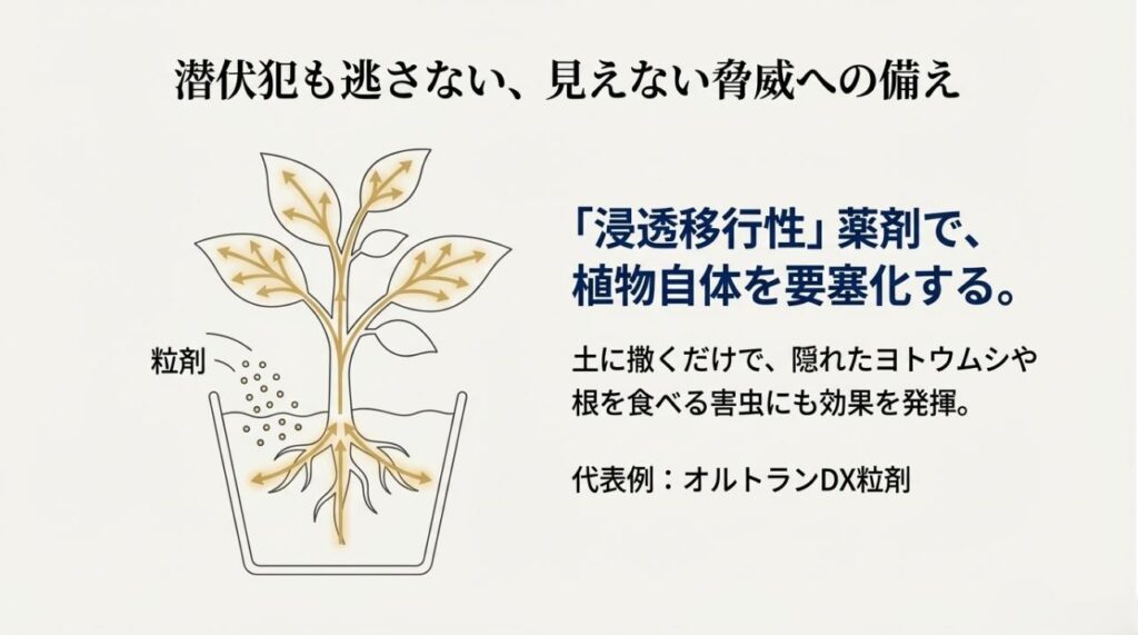 オルトランDX粒剤のパッケージと、根から薬剤を吸収して植物自体を害虫に強くする浸透移行性の仕組み解説