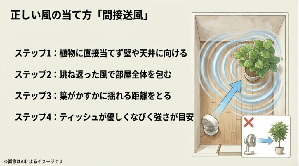 植物に直接風を当てるNG例と、壁や天井に反射させて柔らかい風で包む正しい設置方法の比較図