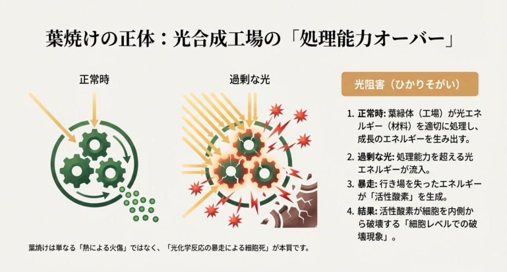 工場の処理能力オーバーに例えた、過剰な光エネルギーが活性酸素を生み出し細胞を破壊する光阻害のメカニズム図解