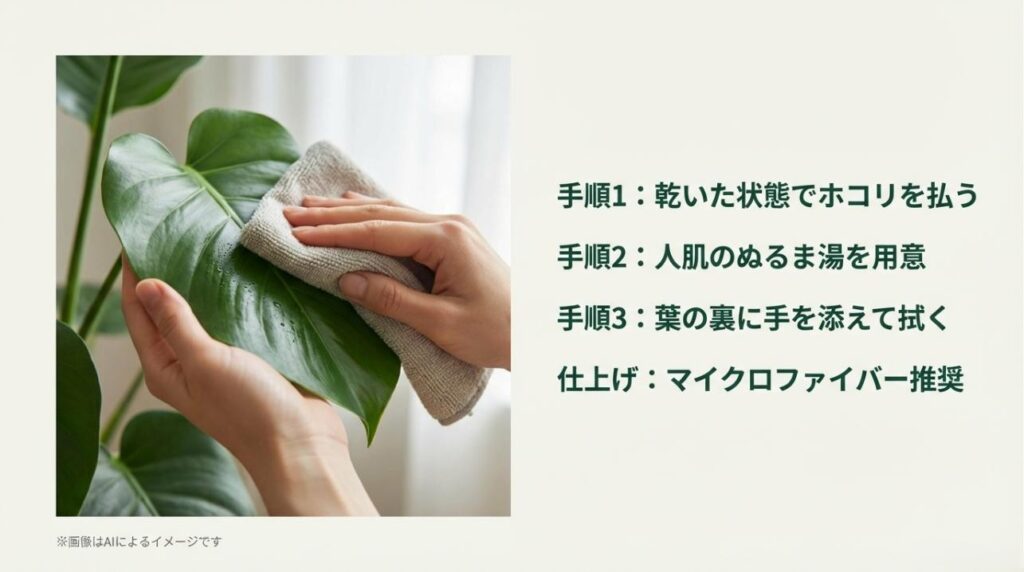 葉の裏に手を添えて、マイクロファイバーで優しくホコリを拭き取っている実践写真のスライド