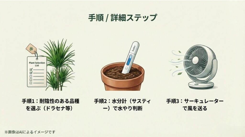品種選び、水分計サスティーでの判断、サーキュレーターによる送風の3つの具体的な手順をまとめたガイド