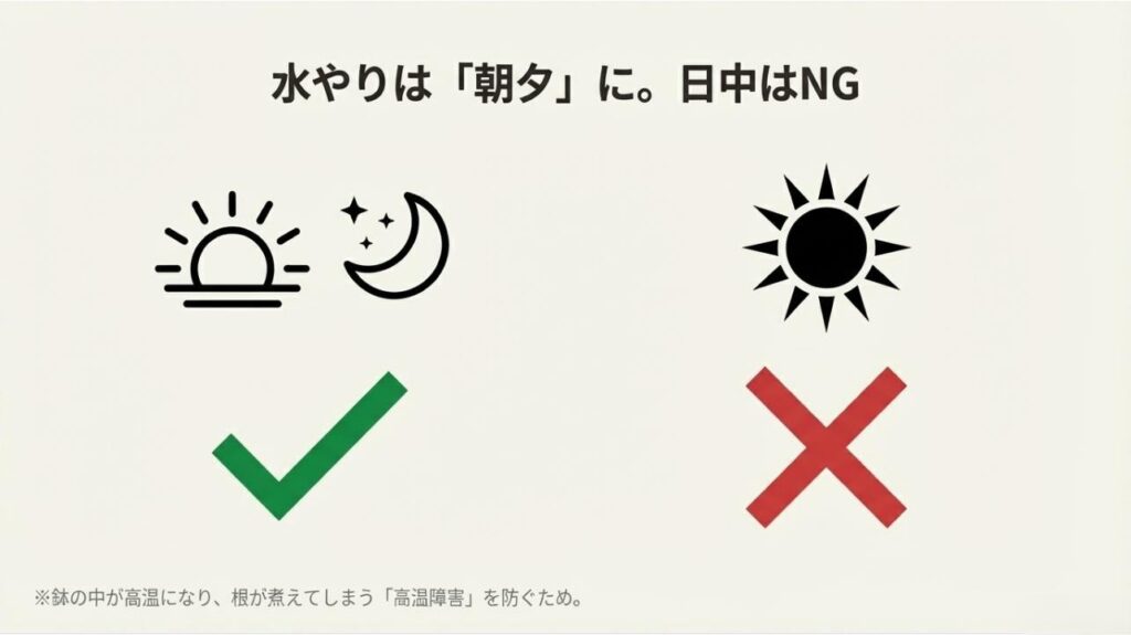 鉢の中が高温になるのを防ぐため、水やりは朝か夕方に行うべきであることを示す太陽と月のアイコン