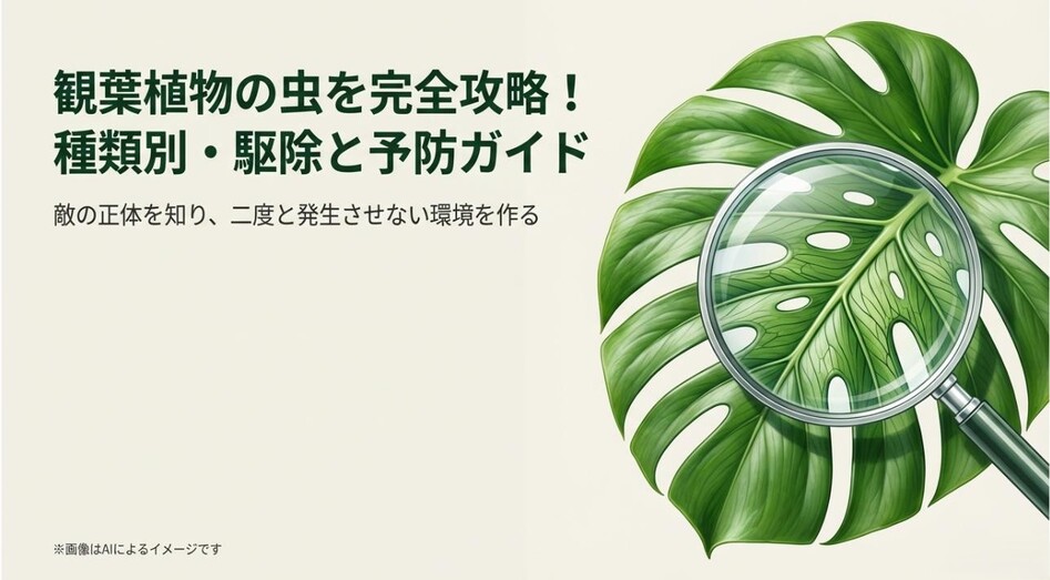 虫眼鏡でモンステラの葉を観察するイラストと、種類別の駆除と予防を解説することを伝えるタイトルのアイキャッチ画像