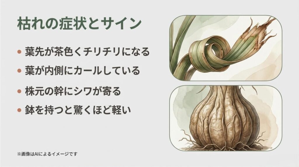 茶色くチリチリになった葉先、内側にカールした葉、シワの寄った幹など、ポニーテールの水不足を示す具体的な症状のイラスト