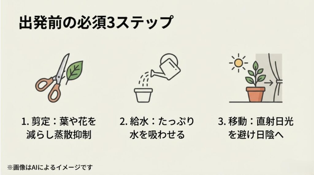 1.剪定（ハサミ）、2.たっぷり給水（ジョウロ）、3.移動（日陰へ）の3つのステップを示すアイコン付きイラスト