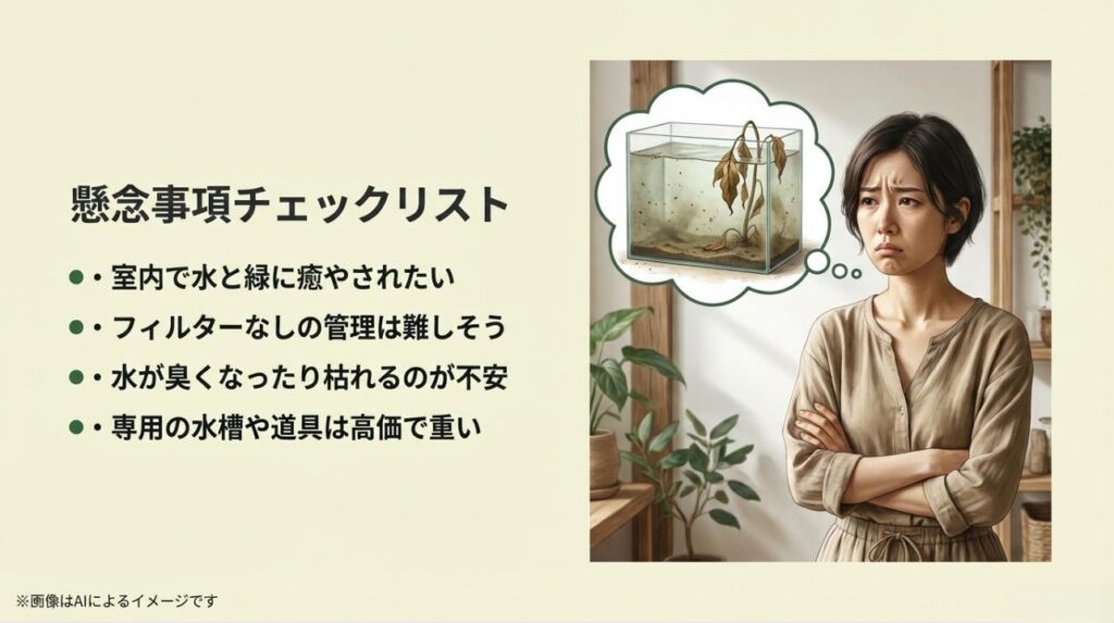 室内ビオトープに対する「難しそう」「水が臭くなりそう」「道具が高価」といった初心者の悩みや懸念事項をまとめたチェックリスト