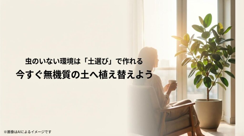 「虫のいない環境は土選びで作れる」という結論と、今すぐの植え替えを推奨するメッセージ