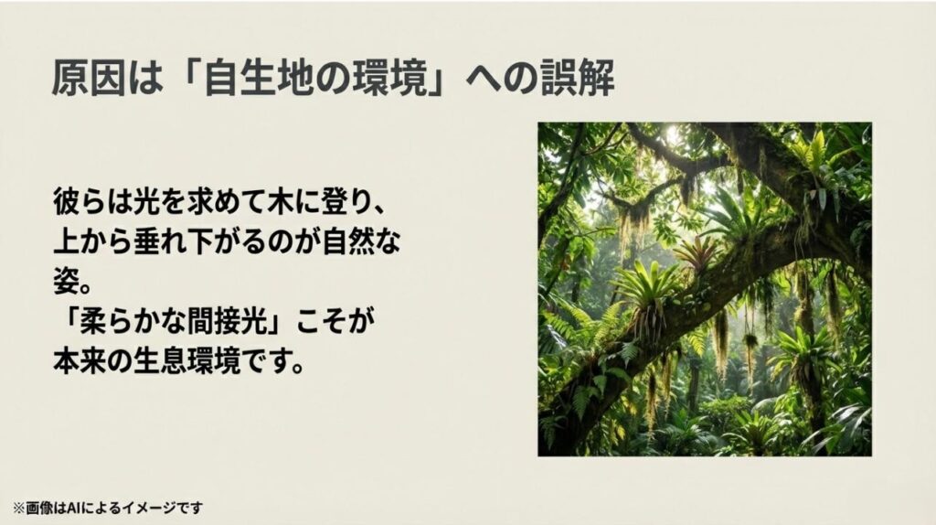 ジャングルの中で大きな木に登り、高い場所から美しく垂れ下がる着生植物の自然な姿を再現したイメージ