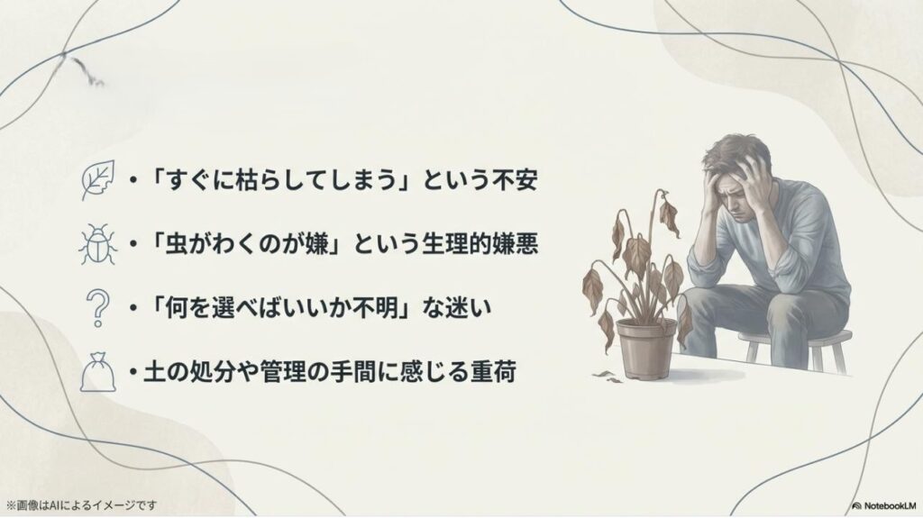 虫、枯死、選び方、土の処分といった観葉植物初心者が抱える代表的な悩みをまとめたスライド