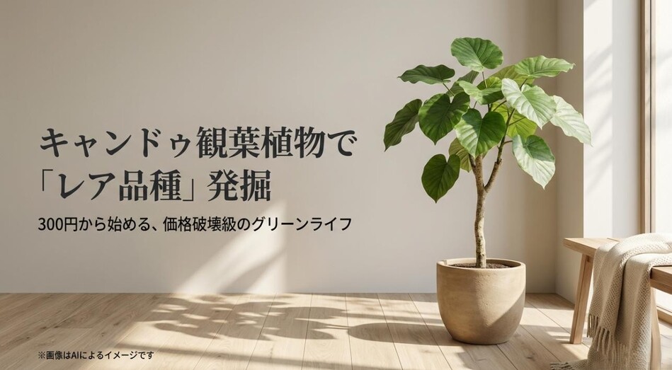 キャンドゥの観葉植物コーナーでレア品種を探す楽しさと、300円から始められるコスパの良い植物栽培を伝えるタイトルのアイキャッチ画像
