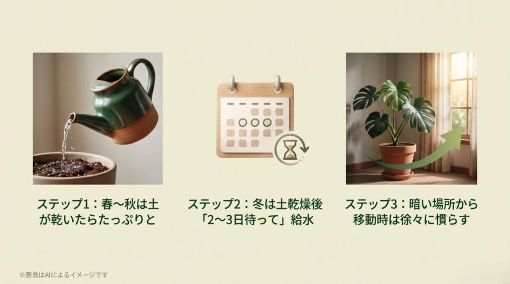 春〜秋は土が乾いたらたっぷり、冬は乾燥後2~3日待って給水という季節ごとの水やりルールを説明したスライド 
+1