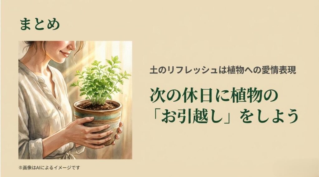 植え替えを終えた植物を愛おしそうに抱える女性のイラストと、「土のリフレッシュは愛情表現」というメッセージスライド