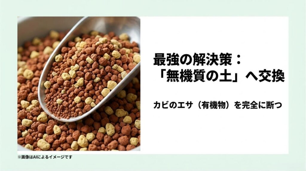 赤玉土などの無機質な土のアップ写真と、カビの栄養源となる有機物を断つメリットを説明したスライド