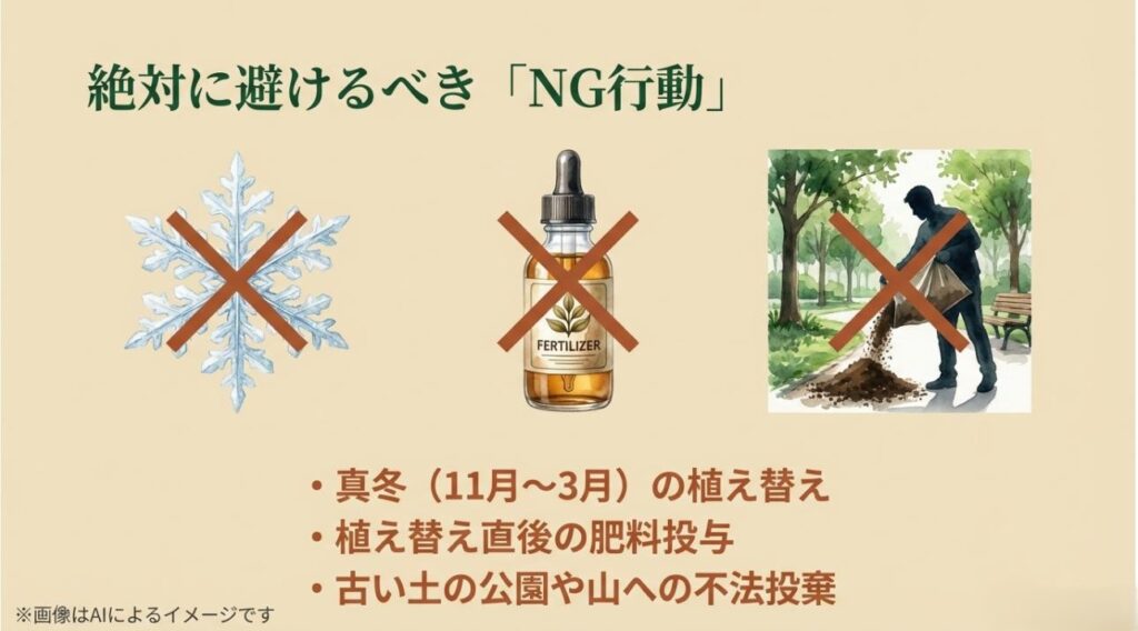真冬の植え替え、直後の肥料、土の不法投棄という、絶対にやってはいけない3項目をバツ印で示した注意スライド