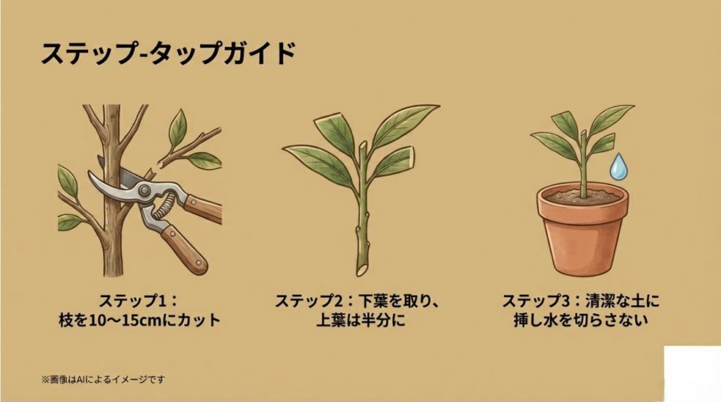 枝のカット、葉の調整、土への挿し込みの3工程をイラストで解説したガイドスライド