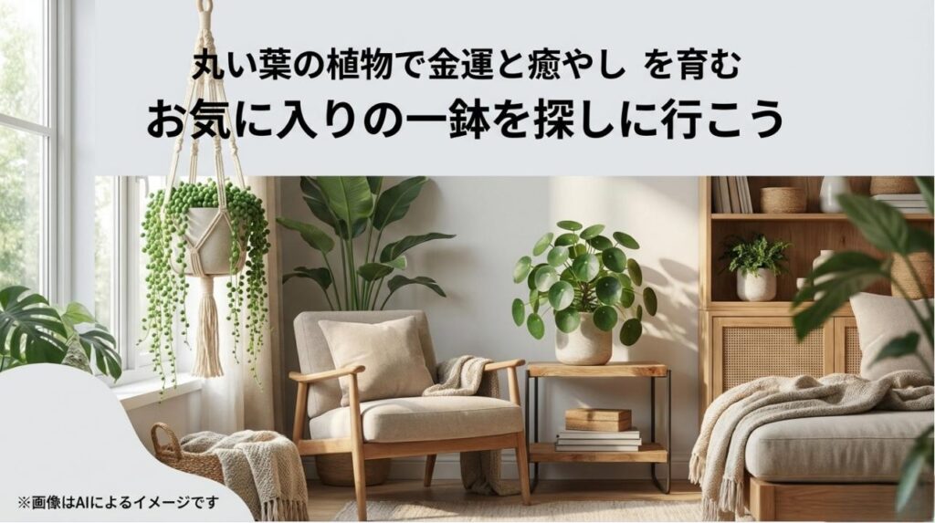 様々な丸い葉の植物がセンス良く配置された、癒やしのリビングインテリア