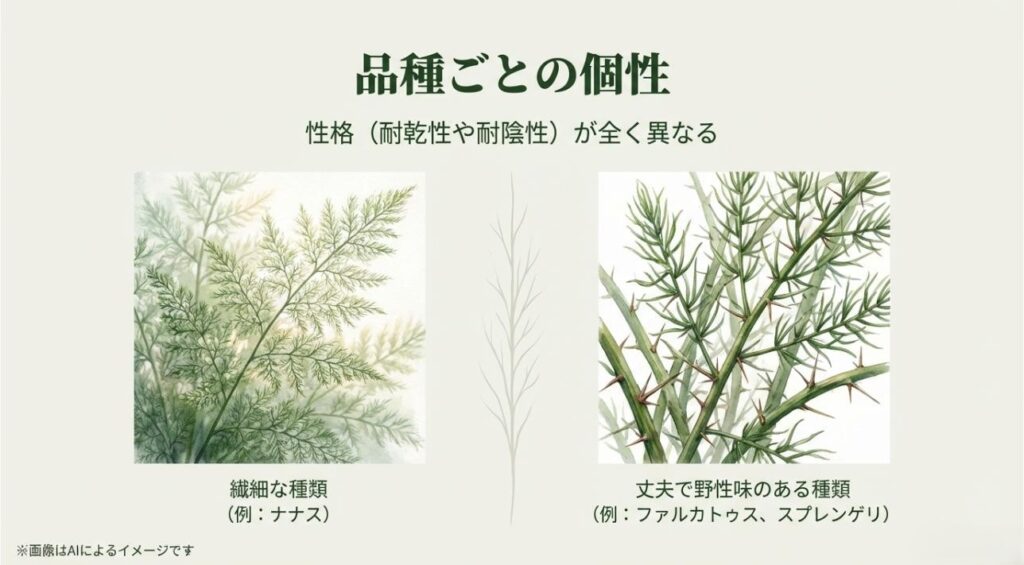 繊細なナナスと、丈夫でトゲのあるファルカタスの葉を比較し、耐乾性や耐陰性が異なることを説明するスライド