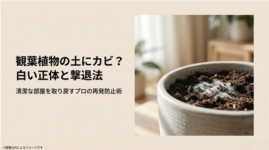 鉢植えの土に生えた白いフワフワしたカビの写真と、その正体や解決策を提示するタイトルのアイキャッチ画像