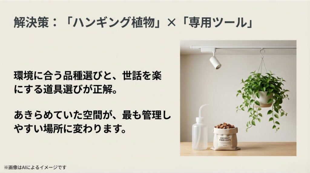 ダクトレールに吊るされた植物、水やり用のスクイズボトル、軽量なヤシの実チップが並んだ、ハンギングを快適にするための基本セット