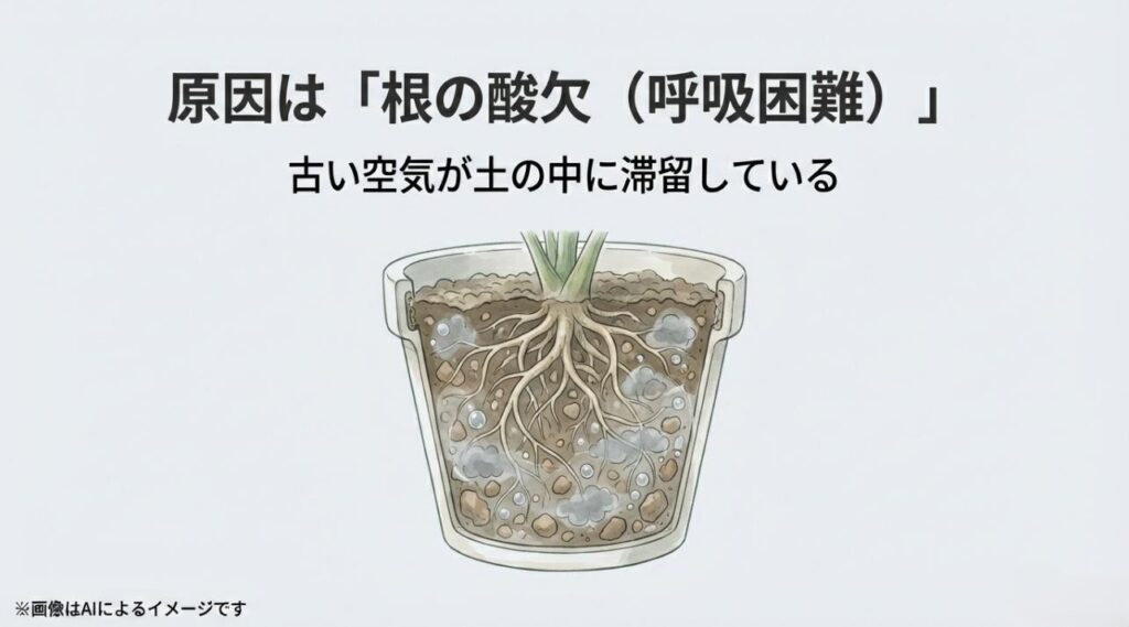 鉢の中で古い空気が停滞し、根が酸素不足で呼吸困難に陥っている様子を描いた図解