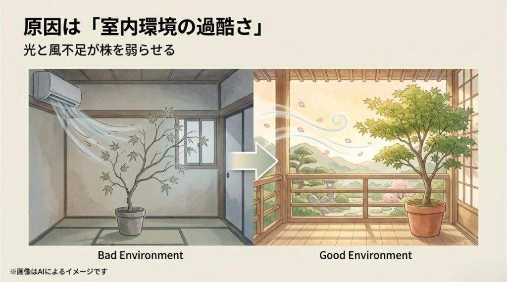 エアコンの風が当たる悪い室内環境と、風通しの良い理想的な屋外環境を比較した図解スライド