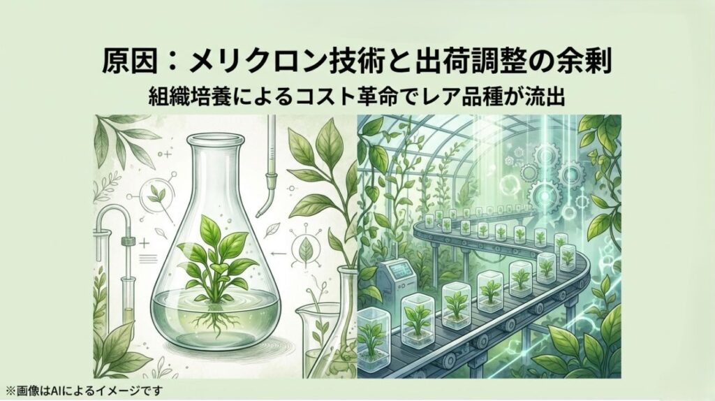 組織培養(メリクロン技術)によるコスト革命と出荷調整の余剰により、レア品種が100均へ流出する背景を解説する図解スライド